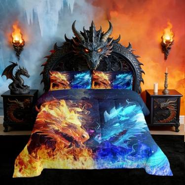 Imagem de Jogo de cama casal com dragão de fogo no gelo, estampa de vida selvagem, para decoração de quarto de crianças, meninos, meninas, estilo mágico, microfibra macia, conjunto de edredom macio, azul e