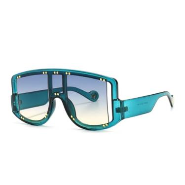 Imagem de JRLLFD Óculos de sol retrô com armação grande, formato de máscara, pernas largas e rebites embutidos (ciano)