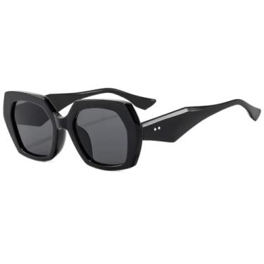 Imagem de HPIRME Óculos femininos vintage com armação poligonal, lentes hexagonais transparentes, proteção UV400 e rebites (preto).