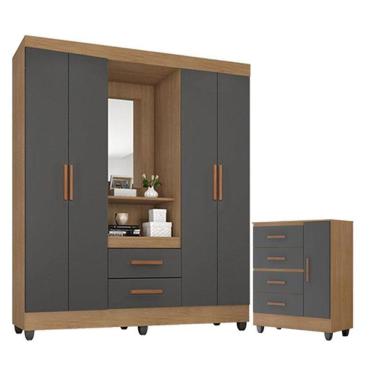 Imagem de Guarda Roupa Casal Capela com Cômoda Lite 4 Gavetas 01 Porta Nature Cinza - Móveis Leão