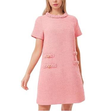 Imagem de Vestido feminino de tweed com gola redonda, manga curta, evasê, vintage, casual, mini vestidos, rosa, M