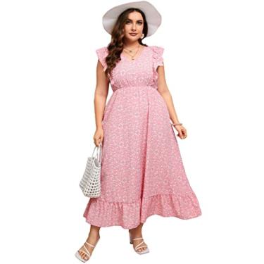Imagem de KOJOOIN Vestido feminino plus size de verão com bolso com babados, sem mangas, decote em V, fenda lateral, vestido longo de praia, Flor rosa - 1, 3G