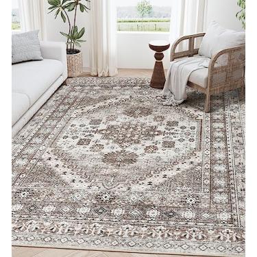 Imagem de befbee Tapetes para sala de estar 15 x 22 cm – tapetes laváveis à máquina antiderrapante resistente a manchas para quarto – tapete de área grande Boho Persa (marrom/bege, 1,8 m x 2,5 m)