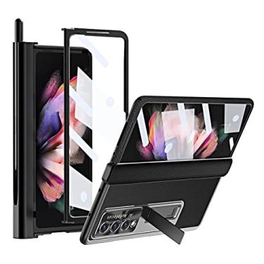 Imagem de GOUHGKH Capa Z Fold 4 para Samsung Galaxy Z Fold 4 5G, 4 em 1 de couro de luxo com dobradiça magnética, suporte integrado para caneta S e proteção da câmera (preto)