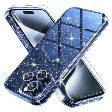 Imagem de Choiche Capa feminina compatível com iPhone 15 Pro, capa brilhante brilhante com glitter transparente, [3 protetores de lente de câmera diamante] [2 películas de vidro temperado] 6,1 polegadas (azul