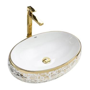 Imagem de Kit Cuba Pia Louça Cerâmica Banheiro C/ Torn e Válv Dourado - Smart No