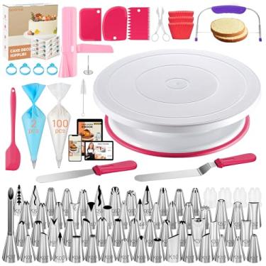 Imagem de Kootek 230 kits de suprimentos de decoração de bolos com ebook, toca-discos de bolo, 100 + 2 sacos de confeitar, 50 forros de cupcake descartáveis, 58 pontas de confeitar, 3 raspadores de gelo, 2