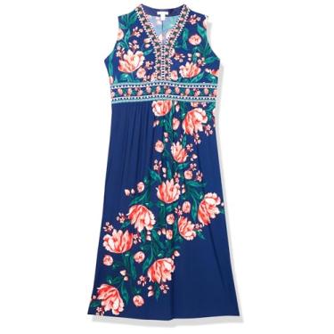 Imagem de London Times Vestidos maxi casuais sem mangas com decote em V para mulheres, Azul marinho/coral quente, 58