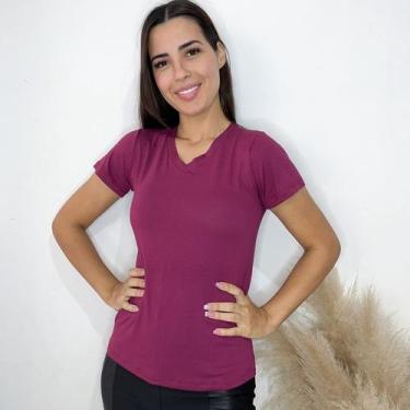 Imagem de Camisa Gola V Manga Curta feminina básica - GK, Vinho, GG