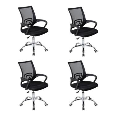 Imagem de Kit 4 Cadeiras Escritório Dekor Atendimento Preta Base Giratória Estofado Revestimento Tela Mesh Cliente Interlocutor Pés Metal
