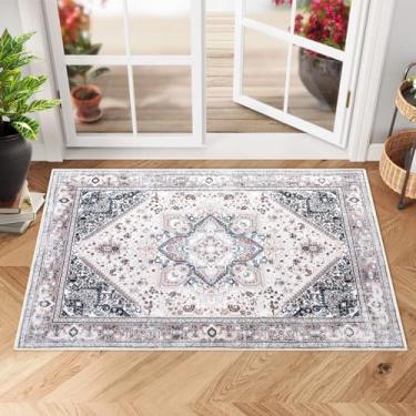 Imagem de WESTLOOM Tapete de área 2x3 Boho Tapete de entrada antiderrapante lavável tapete de pêlo baixo pequeno acento, tapete de chão para tapete de cozinha quarto entrada decoração de casa (rosa, 0,6 x 0,9