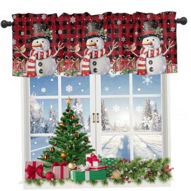 Imagem de Cortinas de cozinha de Natal, 137 x 45 cm, floco de neve, boneco de neve, saia curta de Natal, para janela, bolso para varão, cortinas de cozinha, sanefas, cortina de Natal para quarto, sala de estar