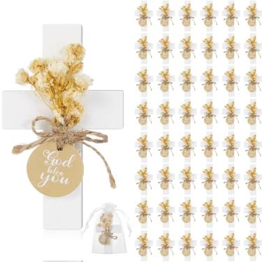 Imagem de Flutesan 48 conjuntos de lembrancinhas de batismo para convidados de primeira comunhão ímãs de cruz de madeira com flor e bolsa para decoração de festa de batismo, reunião, chá de bebê, presente de