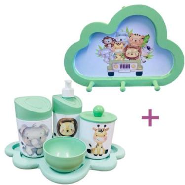 Imagem de Kit Higiene Bebê Safari Leão, girafa e elefante + Cabideiro Infantil N