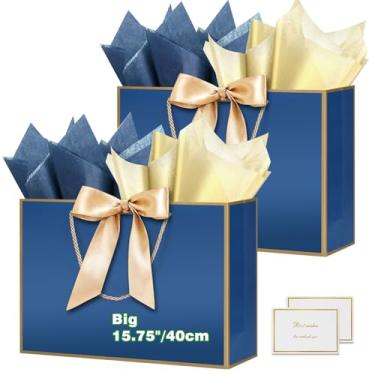 Imagem de HONTIUS Saco de presente extra grande de 15,75 polegadas, sacos de presente de papel grandes recicláveis com alças de cartões, 40 x 30 x 12,5 cm, presente de festa de aniversário, presente de dama de