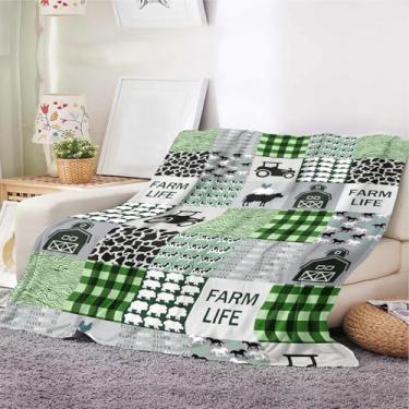 Imagem de Cobertor Farm Life para crianças e adultos, manta xadrez de lã verde búfalo com estampa de animais de celeiro, trator, cobertor rústico macio e aconchegante para sofá, cama, decoração de casa de