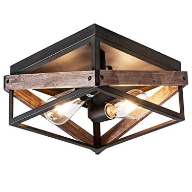 Imagem de Mayful Luminária de teto embutida de 2 luzes, luminária rústica de fazenda com design de metal e madeira bronze, para cozinha, sala de estar, quarto, corredor, entrada, lavanderia