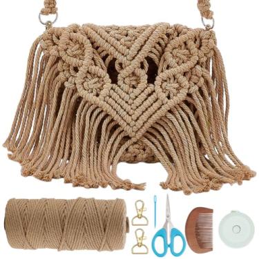 Imagem de WEBEEDY Kit de bolsa de macramê DIY para adultos iniciantes, conjunto de bolsas de mão com nó DIY com tutorial em vídeo, cordão de macramê de 3 mm, ferramentas, presente feito à mão para mulheres