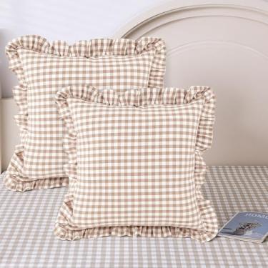 Imagem de Kathfly 2 peças de capas de almofada xadrez acinzentado/branco com babados, casa de fazenda, 50,8 cm x 50,8 cm, fronhas de algodão lavado para sofá e cama de sala de estar, sem inserções