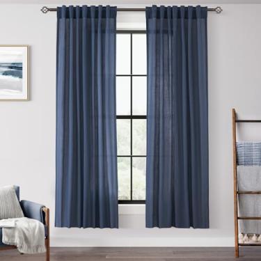 Imagem de Cortinas azul marinho 183 cm de comprimento para quarto com filtro de luz azul semitransparente, cortinas de sala de estar, linho, algodão, texturizado, azul índigo, cortinas, painel moderno