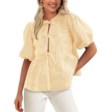 Imagem de Blusa feminina PRETTYGARDEN com gravata frontal listrada 2025 amarela 