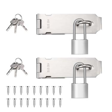 Imagem de Quevaeco 2 conjuntos de cadeados de 12 cm, cadeado de aço inoxidável com manilha de 3,8 cm de comprimento, trava de porta para armários ou portões (prata)