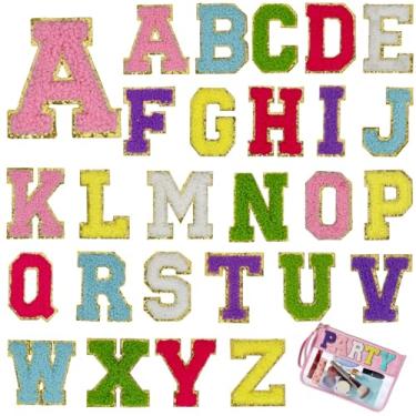 Imagem de 26 peças de adesivos de letras de chenille, adesivos do alfabeto para roupas, chapéus, bolsas e artesanato DIY - Bordado de chenille com borda dourada de glitter (colorido)