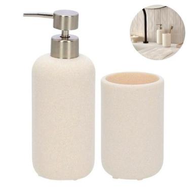 Imagem de Kit Dispenser Porta Sabonete Líquido E Copo Porta Escovas Em Poliresin