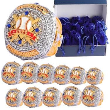 Imagem de TOPSPORTSJEWELRY Pacote com 2 peças ou pacote com 12 peças de anel de troféu de beisebol para troféu de campeão de torneios palyers troféu na lateral tamanho 9,5 (12 peças de dois tons 2026 em