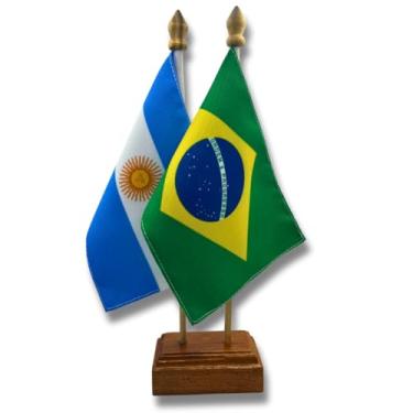 Imagem de Bandeira de Mesa Elegance Brasil e Argentina, Dupla Face, 19x13cm, Base Madeira 30cm Altura, Tecido Oxford, Decorativa para Escritório e Eventos