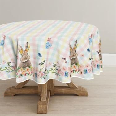 Imagem de Horaldaily Toalha de mesa redonda de Páscoa, 228 cm x 224 cm, estampa floral, buffalo, xadrez, coelhinho, lavável, para decoração de festa, piquenique, jantar
