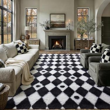 Imagem de PureCozy Tapete quadriculado, 20 x 25 cm, fofo, fofo, para sala de estar, preto e branco, tapete lavável moderno, macio, felpudo, antiderrapante, para uso interno, para quarto, dormitório, escritório