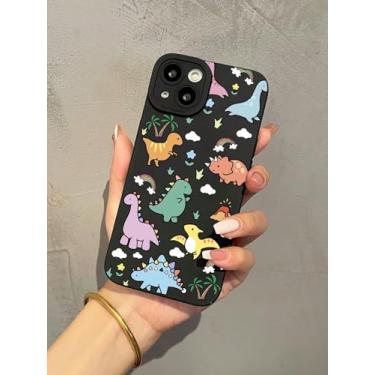 Imagem de Linda capa de telefone de dinossauro, silicone preto, padrão colorido com arco-íris e nuvens, proteção TPU macia (iPhone 16e, multicolorida)