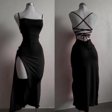 Imagem de Vestido Longo Bodycon Sem Costas Com Renda E Fenda Para Mulheres - Sex