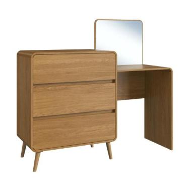 Imagem de Cômoda Penteadeira 3 Gavetas e Espelho Linha Curve 136cm Carvalho Xing