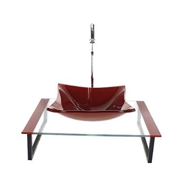 Imagem de KIT CUBA DE VIDRO QUADRADA 10MM COM TAMPO 50CM VERMELHO CEREJA E SUPORTE PRETO