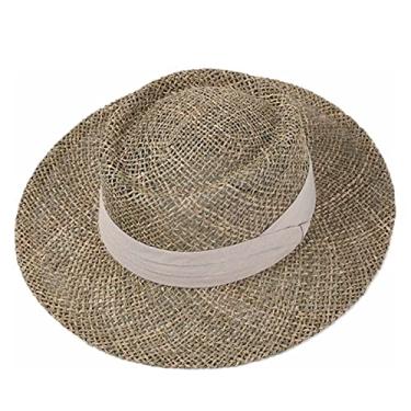 Imagem de Lifup Chapéu de palha feminino chapéu panamá de aba larga com faixa plana chapéu de sol chapéu de veleiro FPS 50, Bege, Tamanho Único