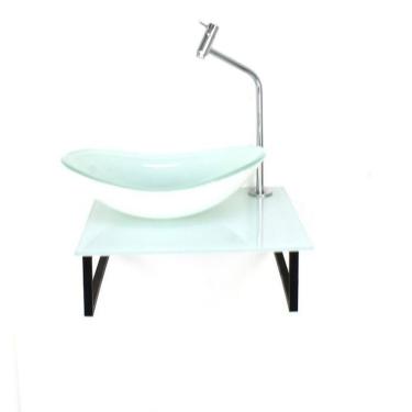 Imagem de Kit Cuba de Vidro Oval 10cm Tampo 40cm Branco Full com Suporte Torneira Valvula Branco