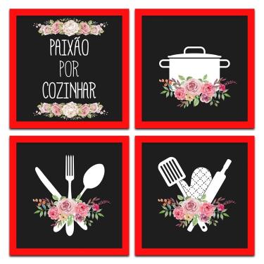 Imagem de Conjunto Quadros Decorativos 4 Pçs 20x20 Paixão Por Cozinhar Titulo Moldura Vermelha