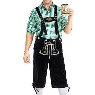 Imagem de Jdlsppl Conjunto de fantasia masculina Oktoberfest 2 peças de camisa xadrez bávara alemã Lederhosen conjunto de shorts roupas de Halloween, Fantasia da Octoberfest, 2 peças, verde 1, GG