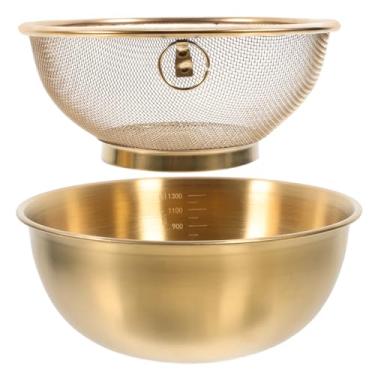 Imagem de ULTECHNOVO Escorredor de aço inoxidável de 2 peças para cozinha, coador de lavador de arroz com tigela de mistura, conjunto de tigela de escorredor com microporosos para lavar arroz, macarrão