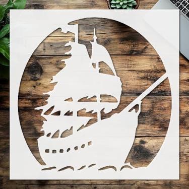 Imagem de Estêncil de navio pirata noturno, modelo de plástico reutilizável 14 cm x 14 cm para artesanato DIY e decoração de casa