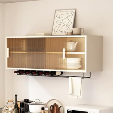 Imagem de Armário de medicamentos de madeira de borracha com porta de vidro - Armazenamento flutuante para banheiro com porta deslizante e prateleiras ajustáveis - Suporte de exibição elegante para despensa