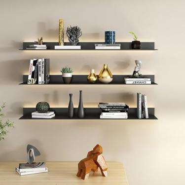 Imagem de 1 peça de prateleiras flutuantes montadas na parede com fitas de luzes, grande prateleira de armazenamento de metal preto montada na parede, estante suspensa para exibição de prateleira, iluminação de