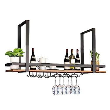 Imagem de Suporte para copos de vinho de teto, rack de vinho suspenso com suporte de vidro e prateleira, suporte de garrafa de vinho industrial de camada única para bar café cozinha (cor: preto, tamanho: 100 x