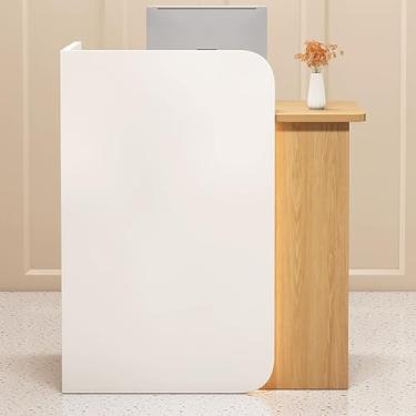 Imagem de Mesa de recepção moderna com gaveta trancável e faixa de luz LED - Mesa de recepção branca com balcão para escritório ou salão de beleza - 120 x 45 x 100 cm