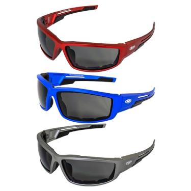 Imagem de Óculos de sol para motocicleta com 3 pares da Global Vision com lentes de fumaça e armação vermelha, azul e cinza metálica