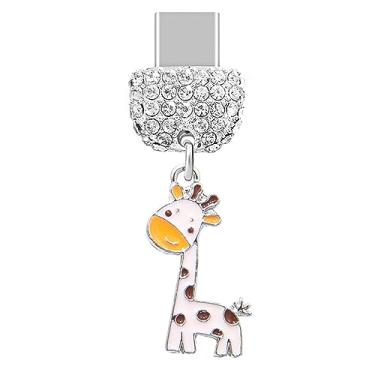 Imagem de ELISE & FONDA TP234 Tipo-C porta de carregamento USB cristal antipoeira pingente pequena girafa pingente de telefone celular charme para Samsung Galaxy/Huawei/OnePlus/Xiaomi/oppo telefones Android