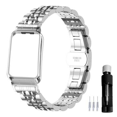 Imagem de Gheper Pulseira de relógio de metal compatível com Samsung Galaxy Fit3 SM-R390 SM-R390 acessório de aço inoxidável com moldura protetora design de pulseira de substituição para mulheres e homens