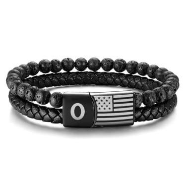 Imagem de Pulseira de couro com inicial para homens presentes: pulseira masculina bandeira americana preta lava rock trançado letra pulseira para dia dos namorados aniversário natal joia masculina presente para